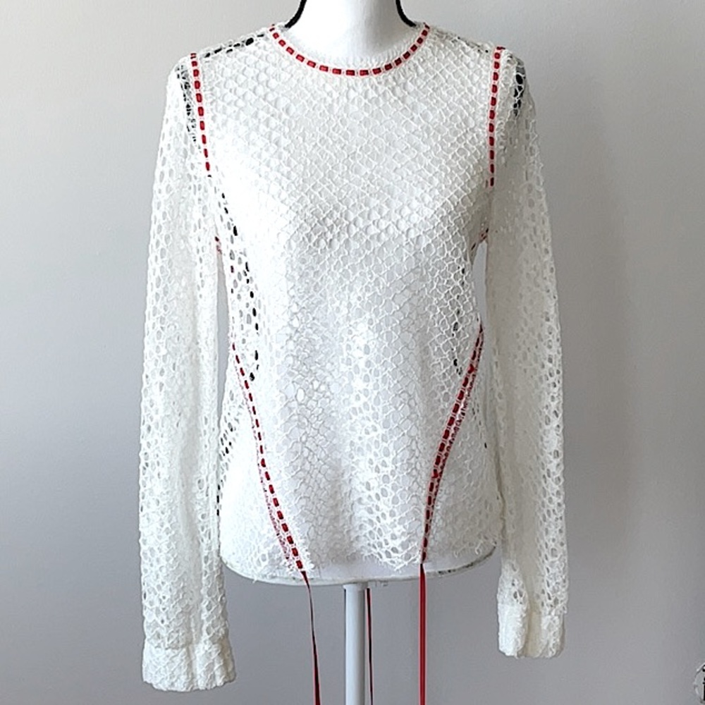 Pinko White Crochet Lace Long-Sleeve Top with Red Trim